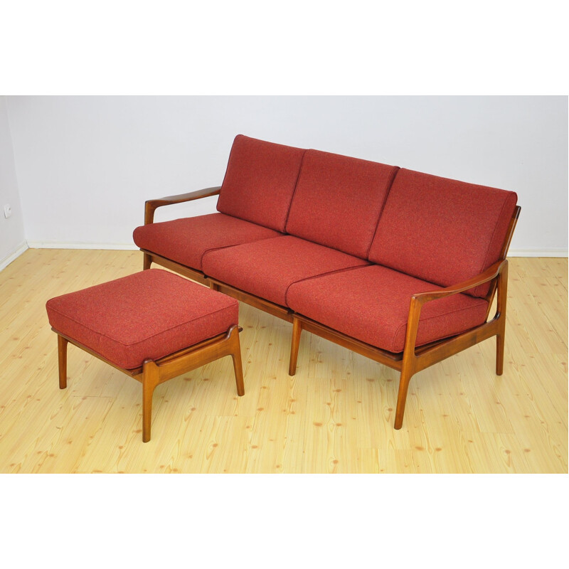 Vintage red sofa and ottoman in cherrywood