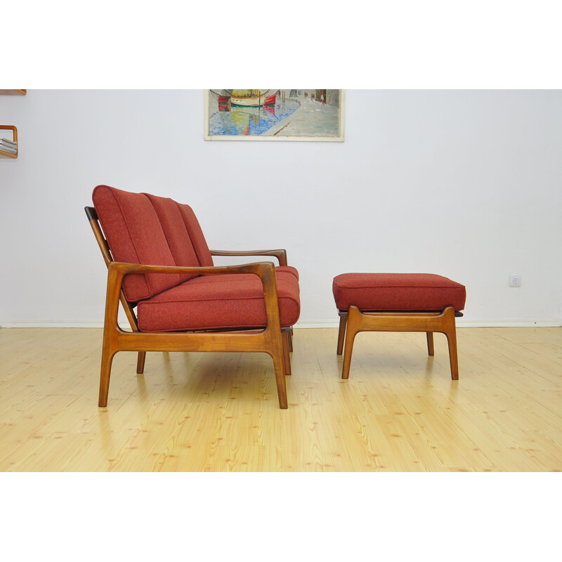 Vintage red sofa and ottoman in cherrywood