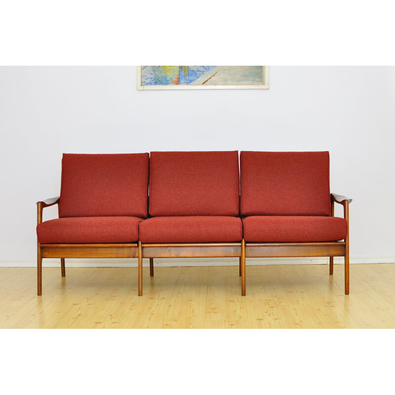 Vintage red sofa and ottoman in cherrywood