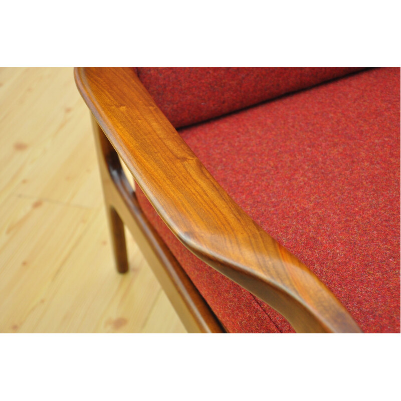 Vintage red sofa and ottoman in cherrywood