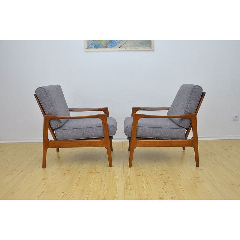 Pair of grey Danish armchairs in cherrywood