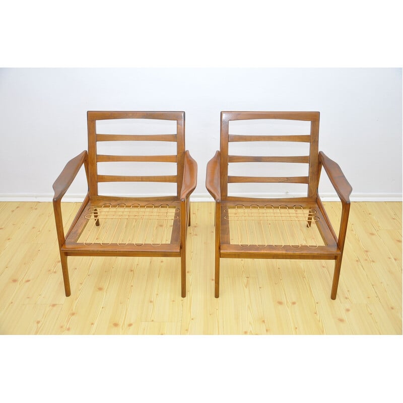 Pair of grey Danish armchairs in cherrywood