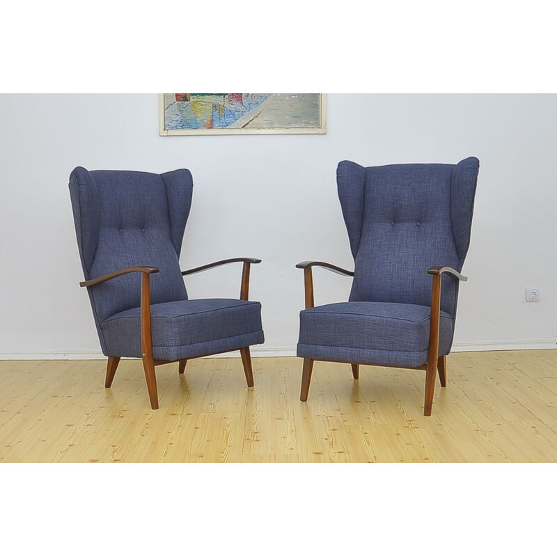 Pair of blue armchairs in beechwood