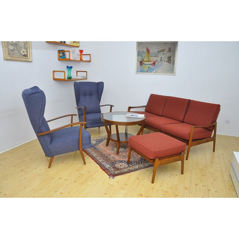 Pair of blue armchairs in beechwood