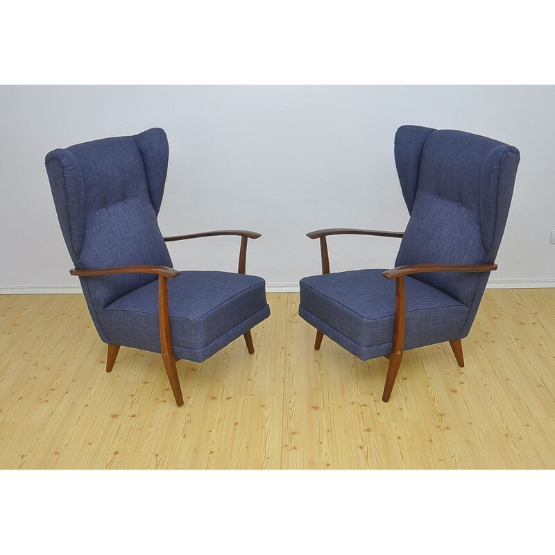 Pair of blue armchairs in beechwood