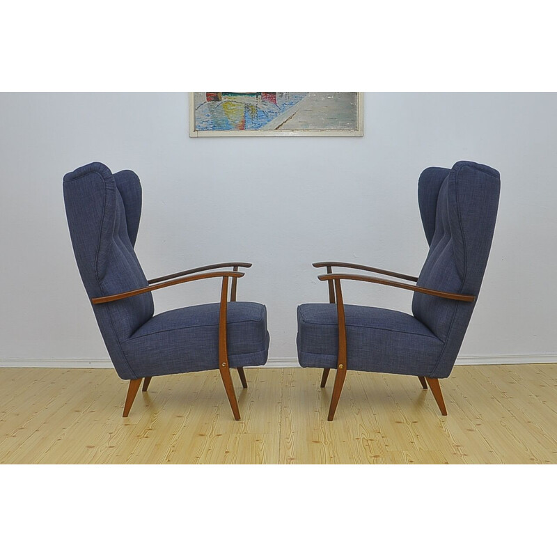 Pair of blue armchairs in beechwood