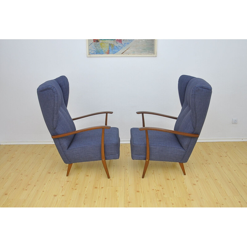 Pair of blue armchairs in beechwood