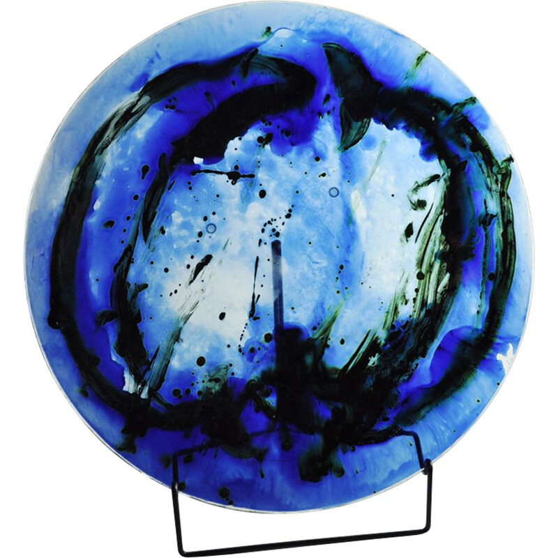 Vintage Glass dish by Tróndur Patursson, Whale in blue colors
