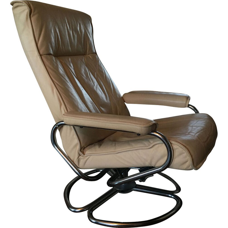 Vintage swivel lounge chair Leather & Tubular Steel, Danish 