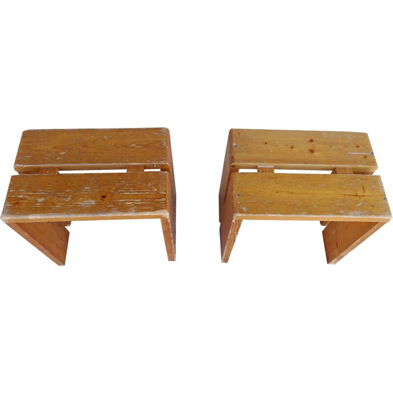 Vintage pair of stools in pine by charlotte perriand,1960
