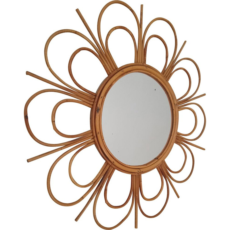 Vintage flower-shaped mirror in rattan