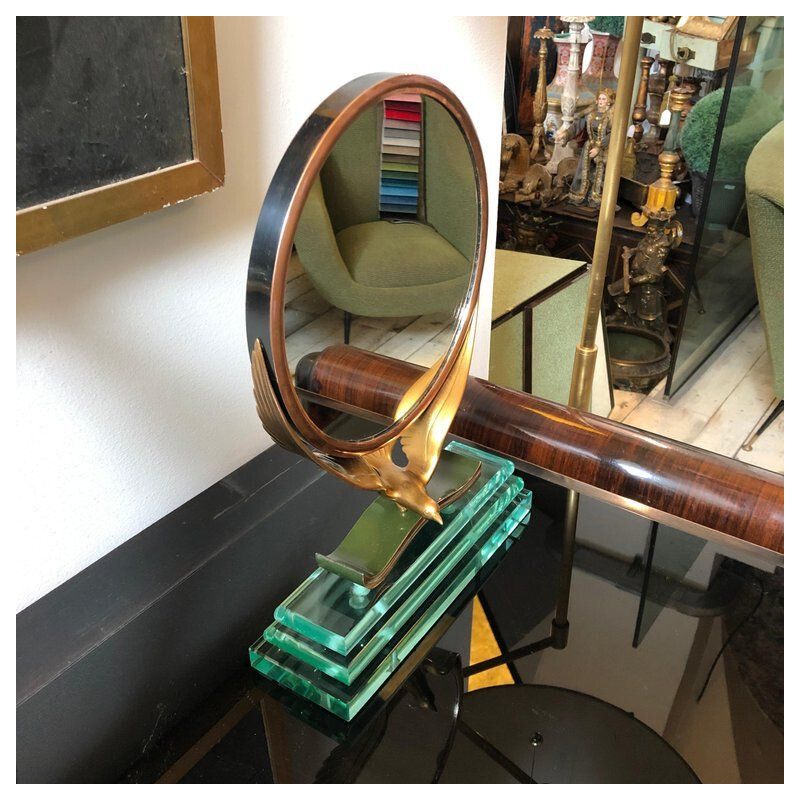 Specchio da tavolo italiano vintage in rame verde, 1940