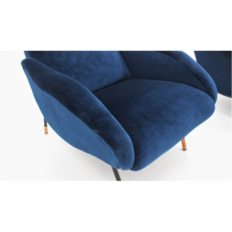 2 italian vintage blue velvet armchairs,1950