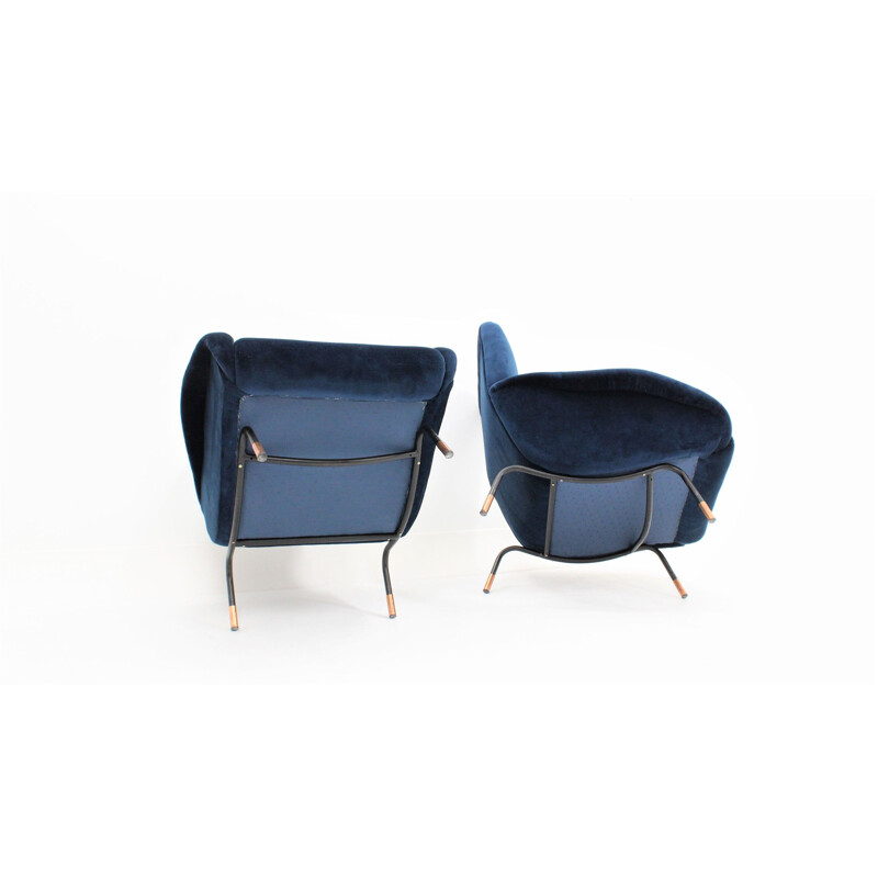 2 italian vintage blue velvet armchairs,1950