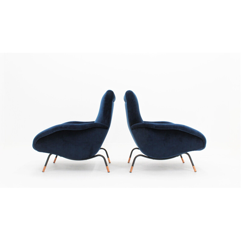 2 italian vintage blue velvet armchairs,1950