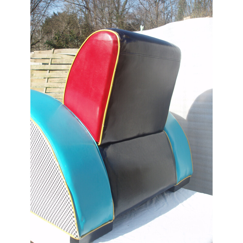 Vintage armchair and foot stool multicolored in skai, 1980s 