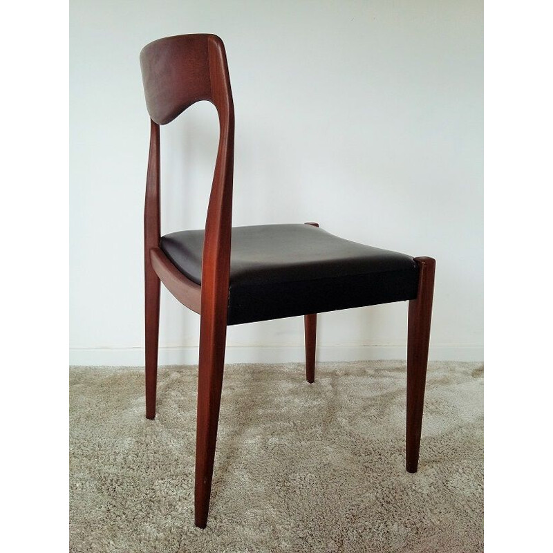 Set of 4 vintage chairs in black skai and teak 