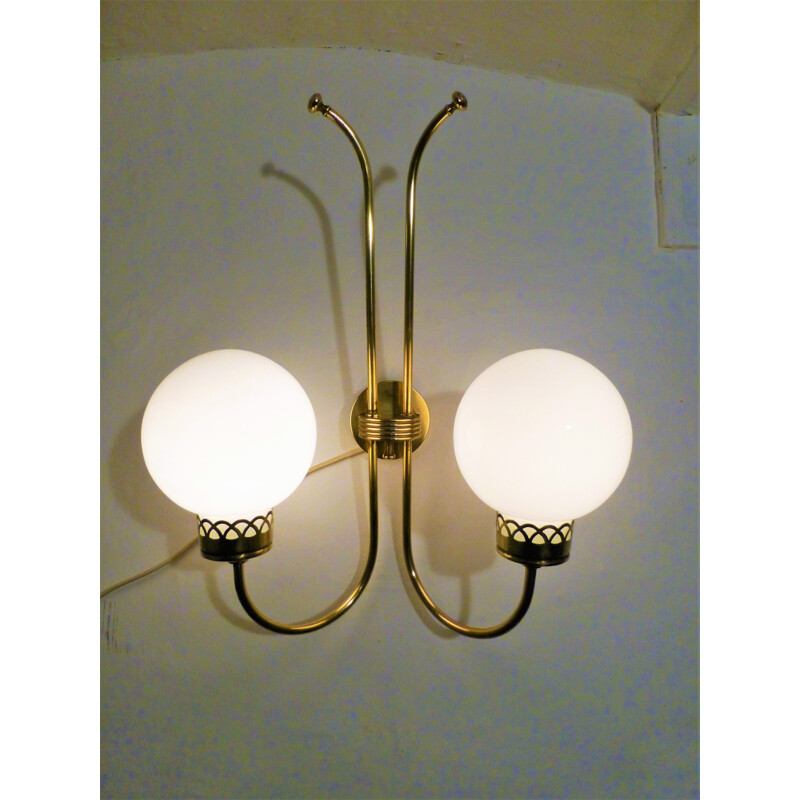 Set of 3 vintage wall lamps Art Deco in brass and opaline 1950s