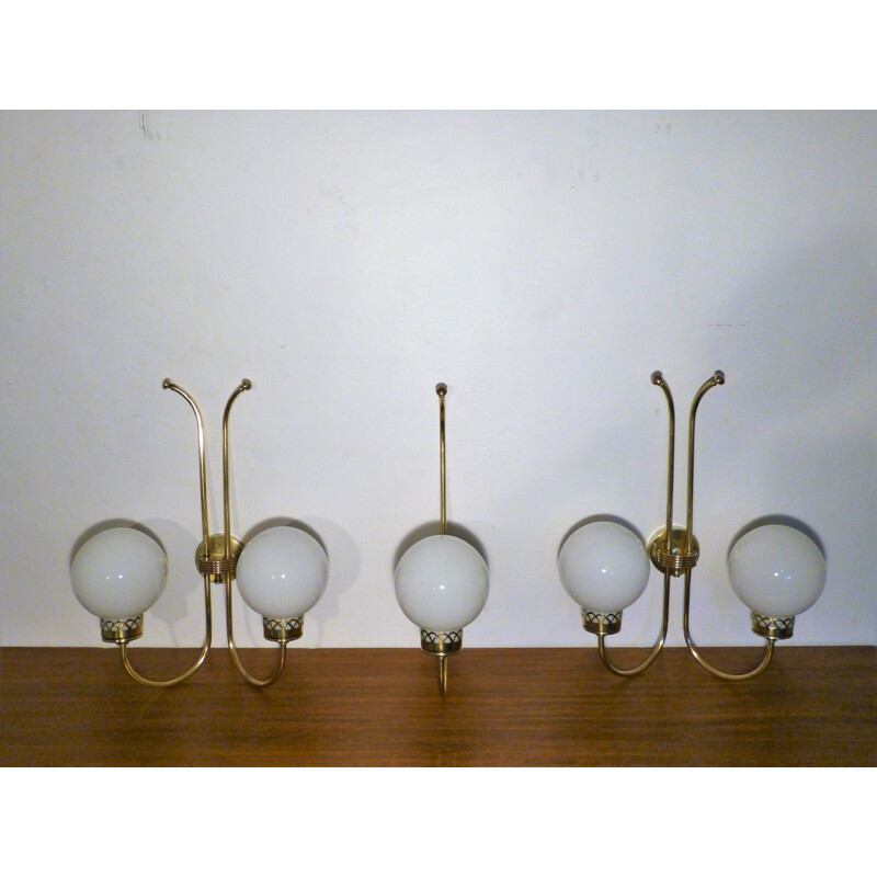 Set of 3 vintage wall lamps Art Deco in brass and opaline 1950s