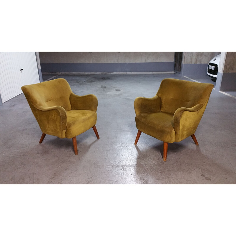 Paar vintage Italiaanse fauteuils in verguld fluweel, 1950-1960