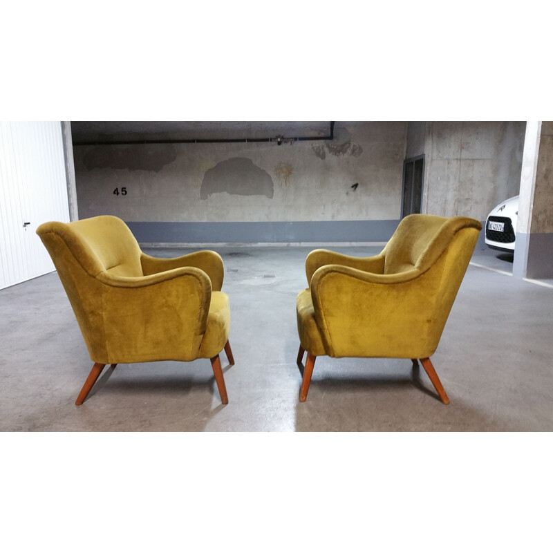 Paar vintage Italiaanse fauteuils in verguld fluweel, 1950-1960