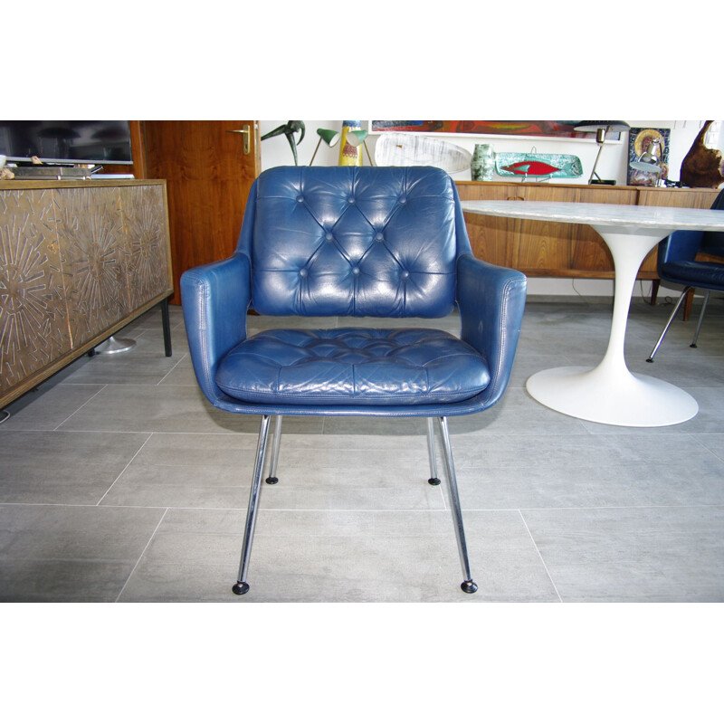 Juego de 6 sillas vintage de cuero azul, Suiza años 60