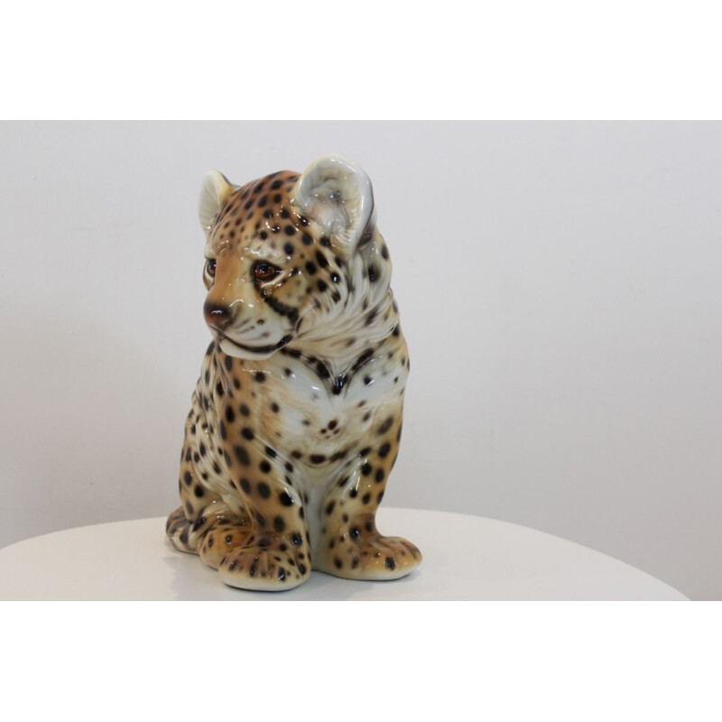 Vintage Hand Painted Sculpture in Porcelain "Puppy-Leopard", 1970