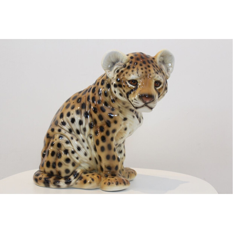 Sculpture peinte à la main vintage en porcelaine italienne Puppy-léopard, 1970 