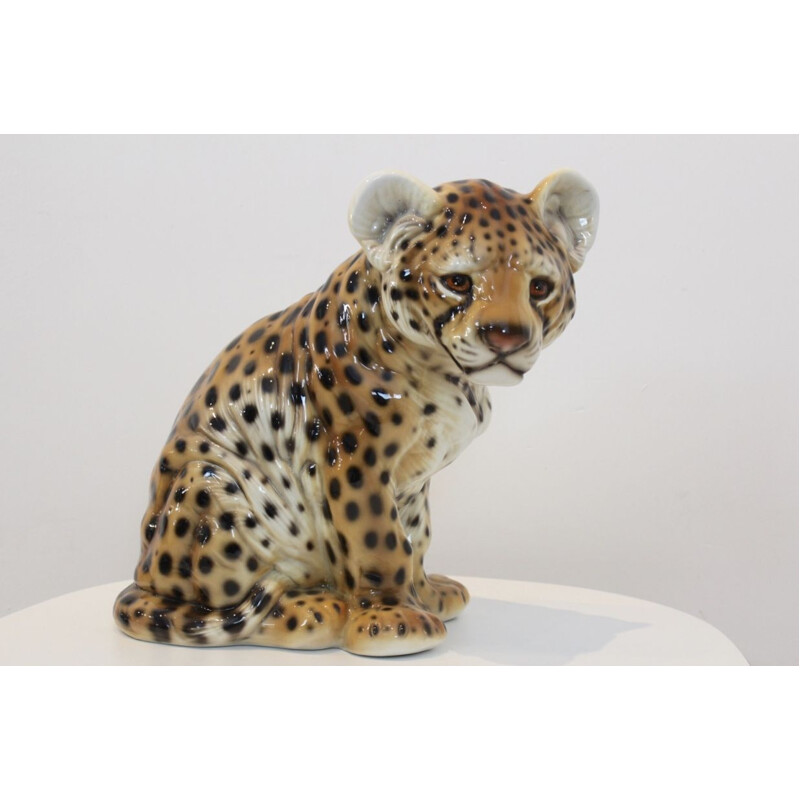 Vintage Hand Painted Sculpture in Porcelain "Puppy-Leopard", 1970