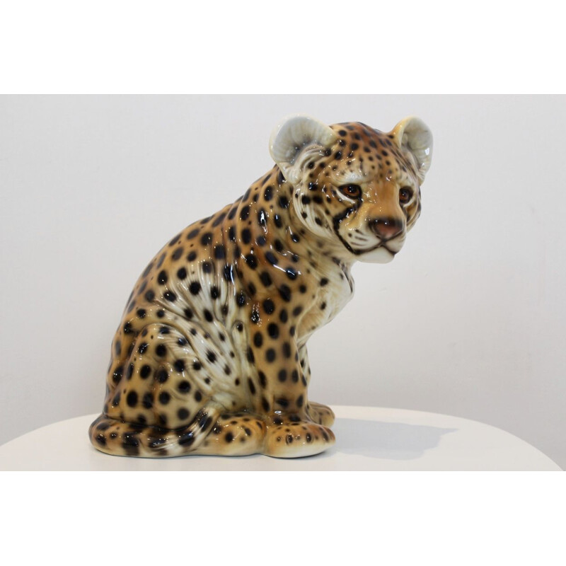 Vintage Hand Painted Sculpture in Porcelain "Puppy-Leopard", 1970