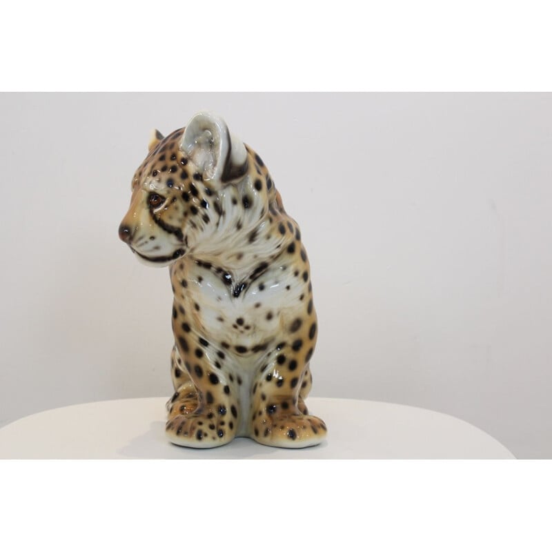 Sculpture peinte à la main vintage en porcelaine italienne Puppy-léopard, 1970 