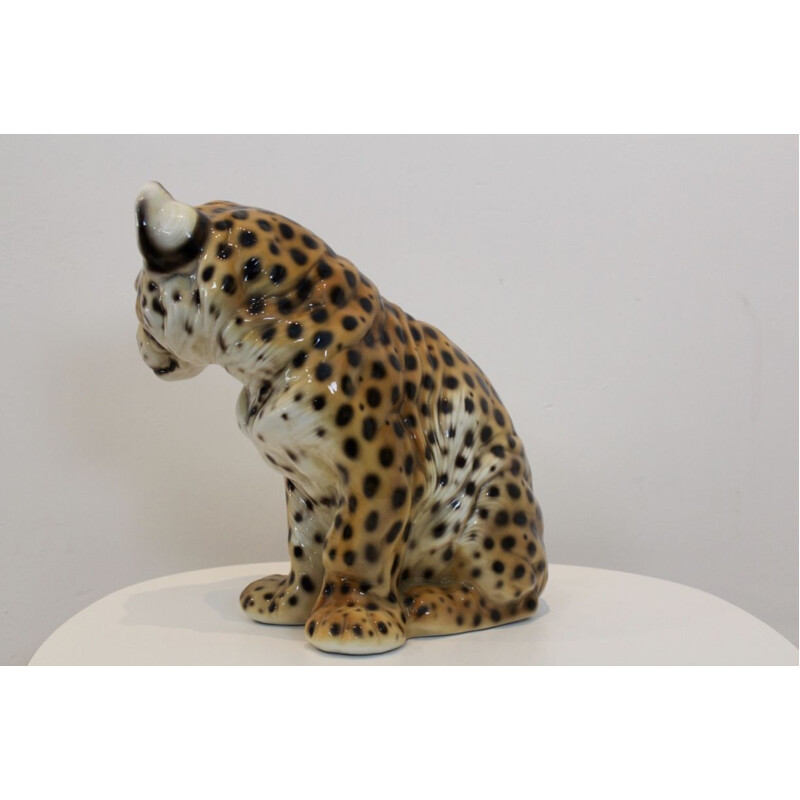 Sculpture peinte à la main vintage en porcelaine italienne Puppy-léopard, 1970 