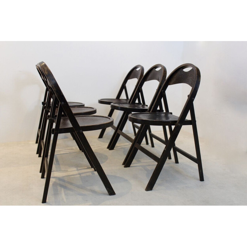 Rare Stock of Bentwood Bauhaus Folding Chairs with unique Croco Woodprint, Thonet