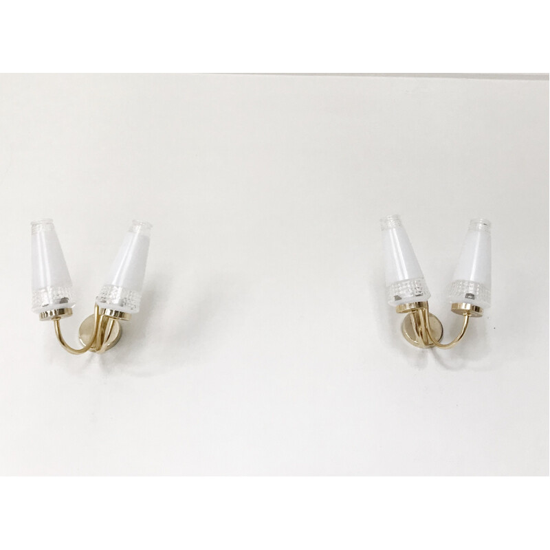 Pair of vintage neoclassical glass sconces, French 1960