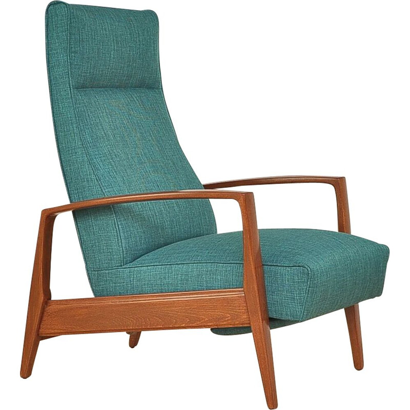 Green armchair in beechwood with folding footrest