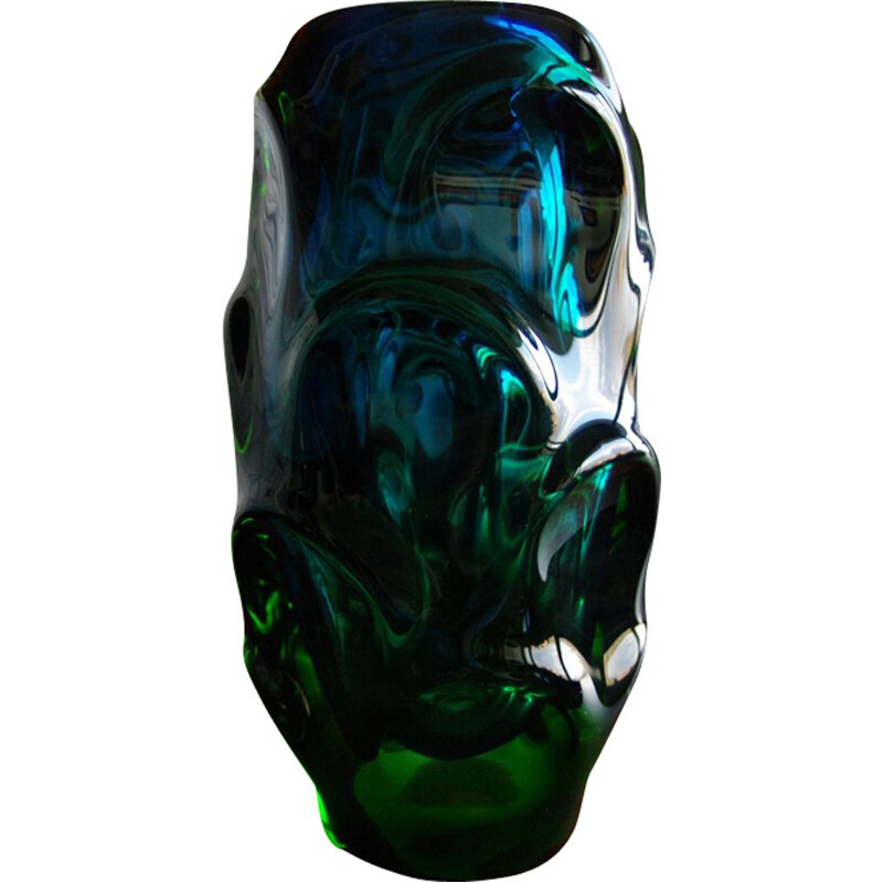 Vase vintage en verre bleu par Pavel Hlava