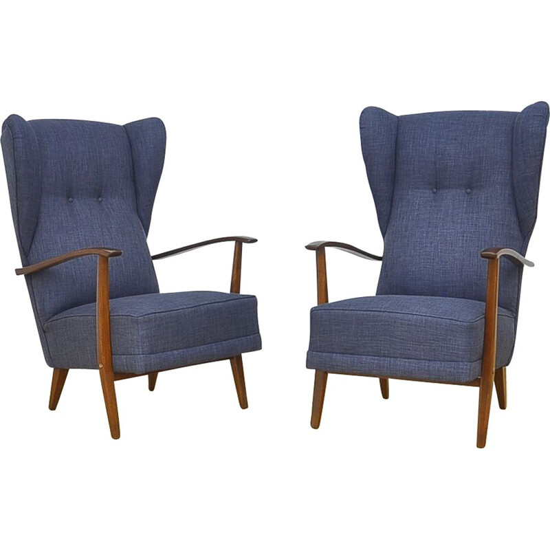 Pair of blue armchairs in beechwood