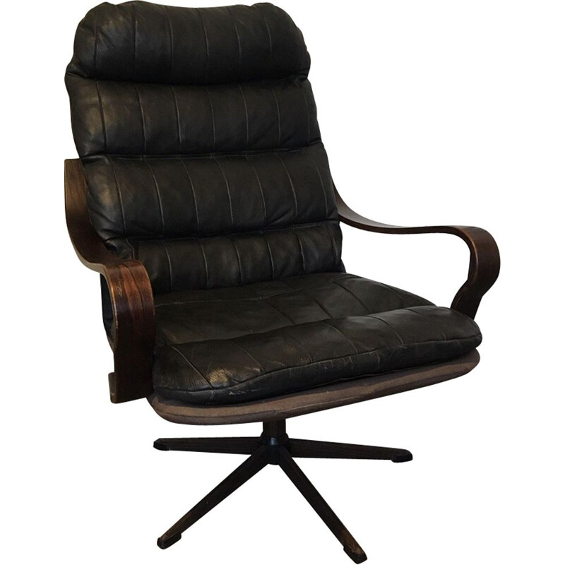 Vintage Deense fauteuil in zwart leer