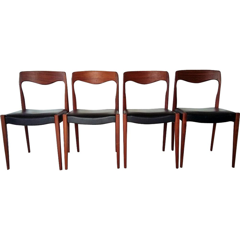 Set of 4 vintage chairs in black skai and teak 
