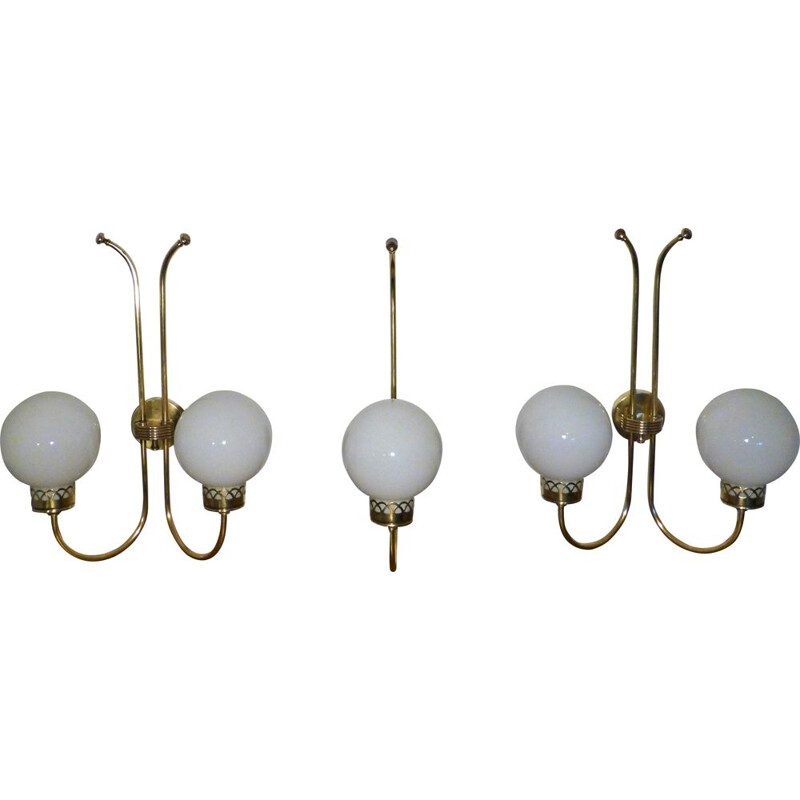 Set of 3 vintage wall lamps Art Deco in brass and opaline 1950s