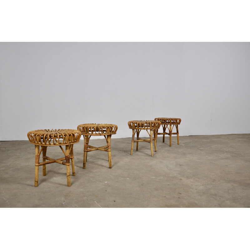 Set of 4 vintage stools in rattan 1960s 