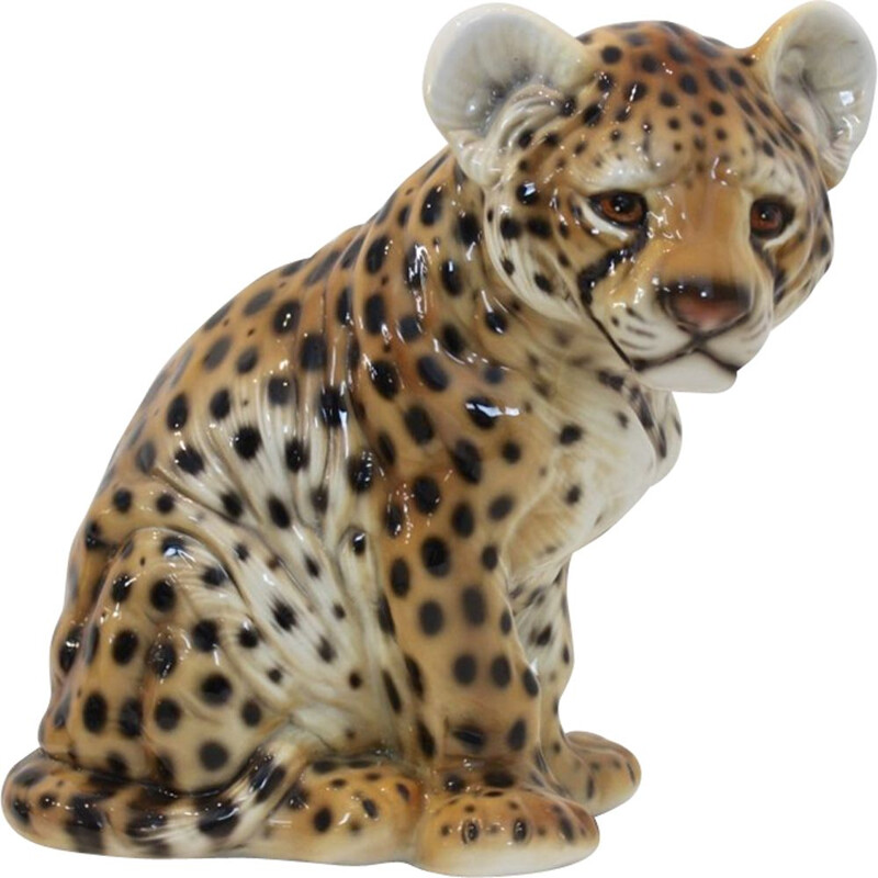 Vintage Hand Painted Sculpture in Porcelain "Puppy-Leopard", 1970