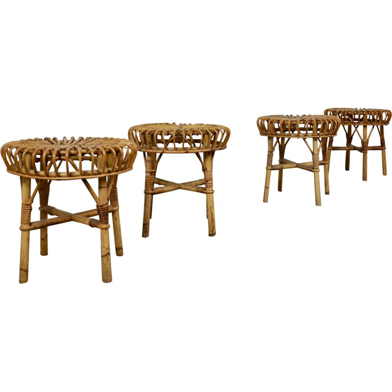 Set of 4 vintage stools in rattan 1960s 