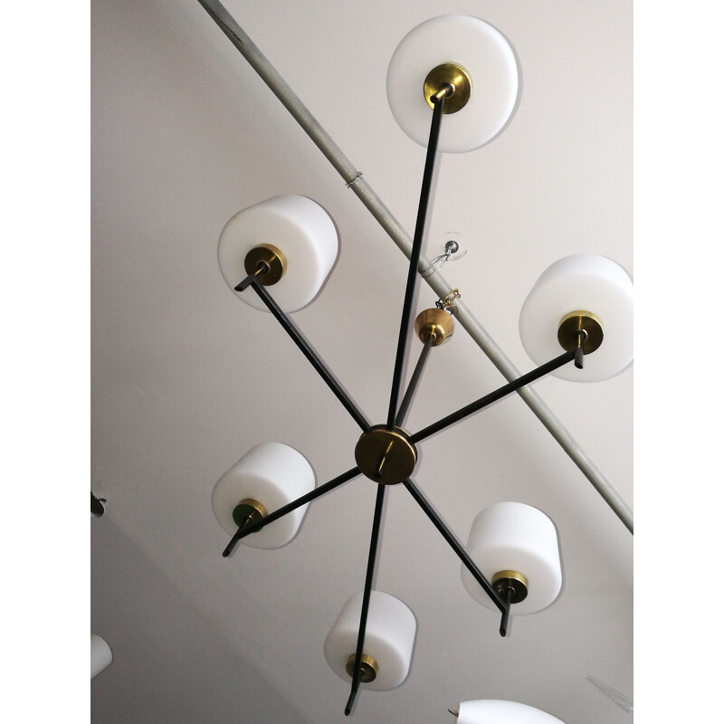 Vintage chandelier brass black metal and opaline 1960s