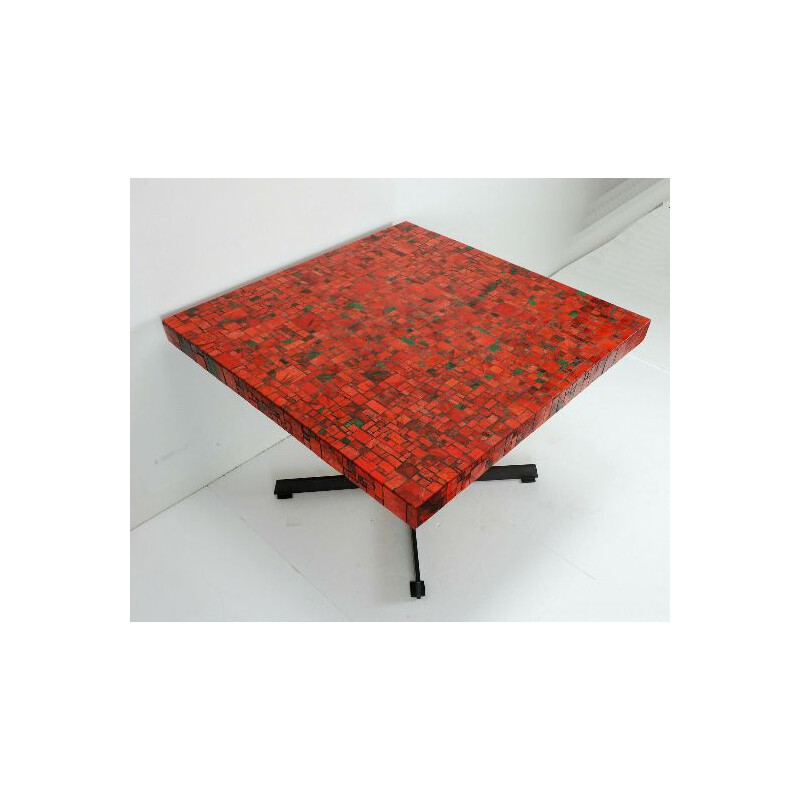 Table basse vintage en verre, mosaïque noir, vert et rouge, années 1960