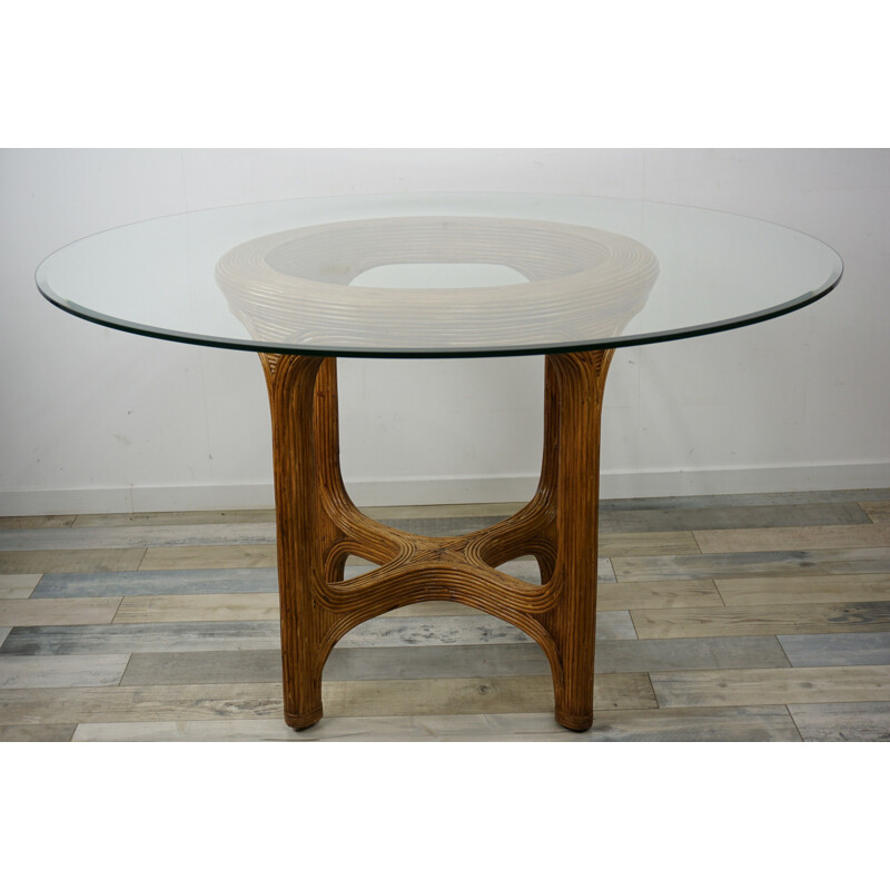 Vintage table round in rattan marquetry beveled, glass top, 1960s