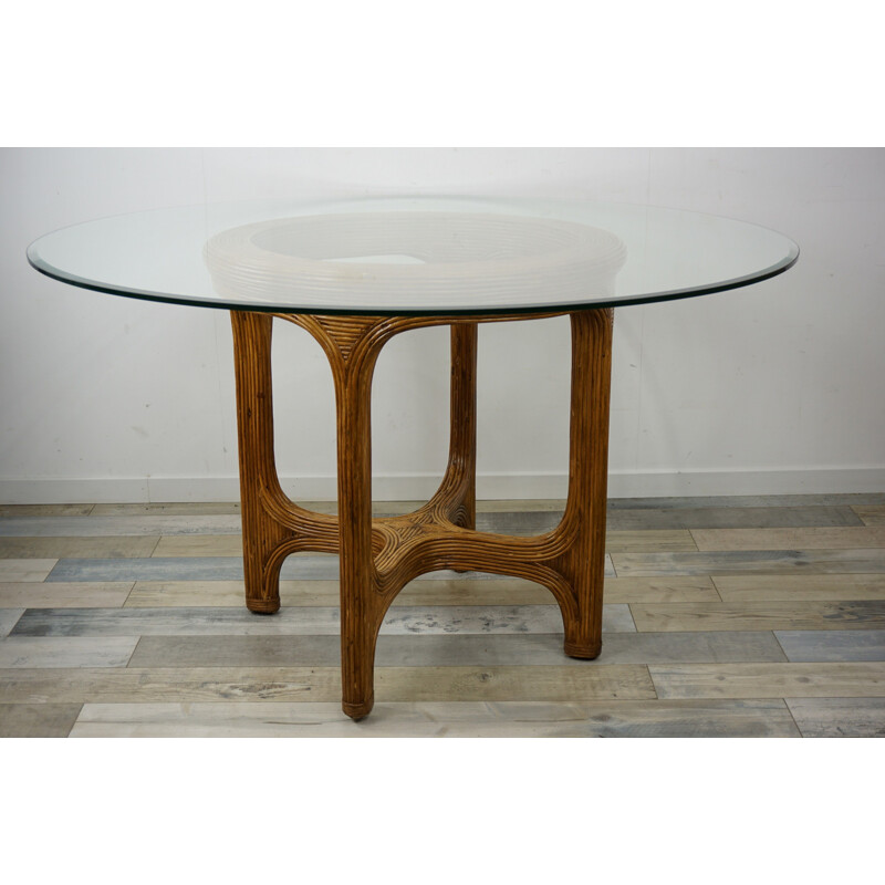 Vintage table round in rattan marquetry beveled, glass top, 1960s