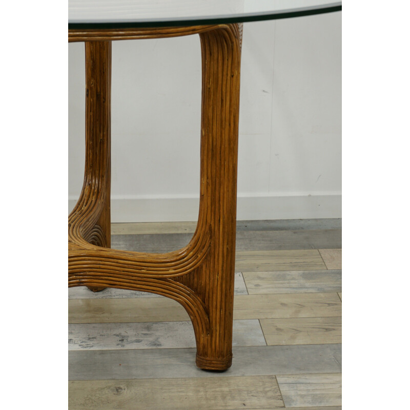 Vintage table round in rattan marquetry beveled, glass top, 1960s