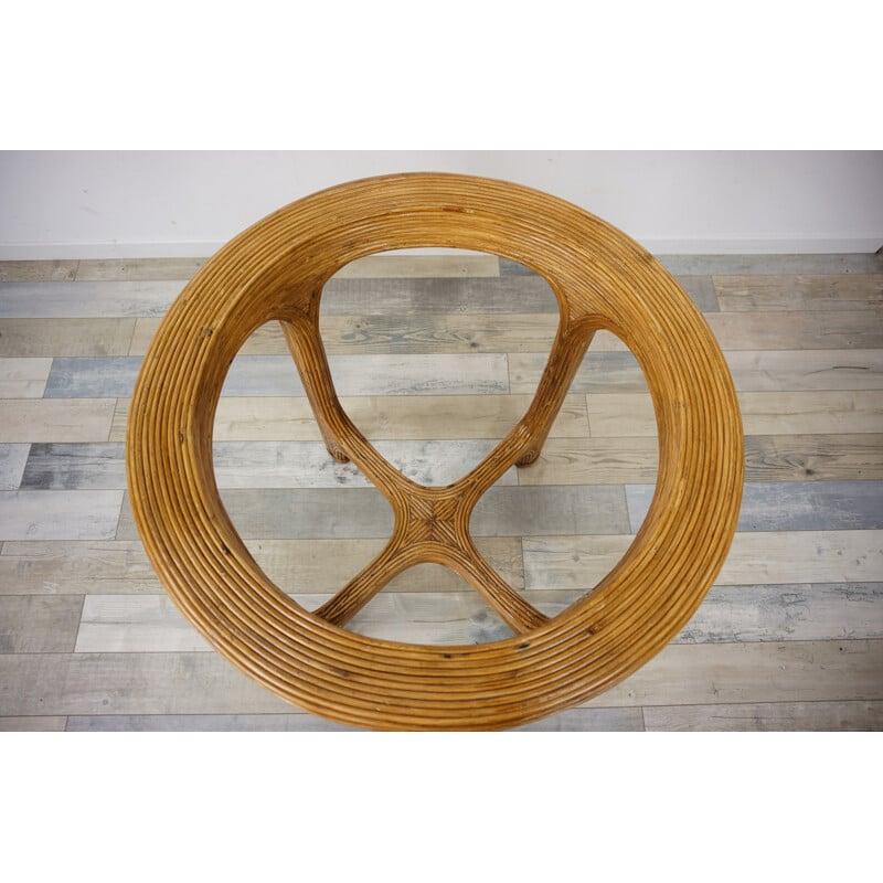 Vintage table round in rattan marquetry beveled, glass top, 1960s