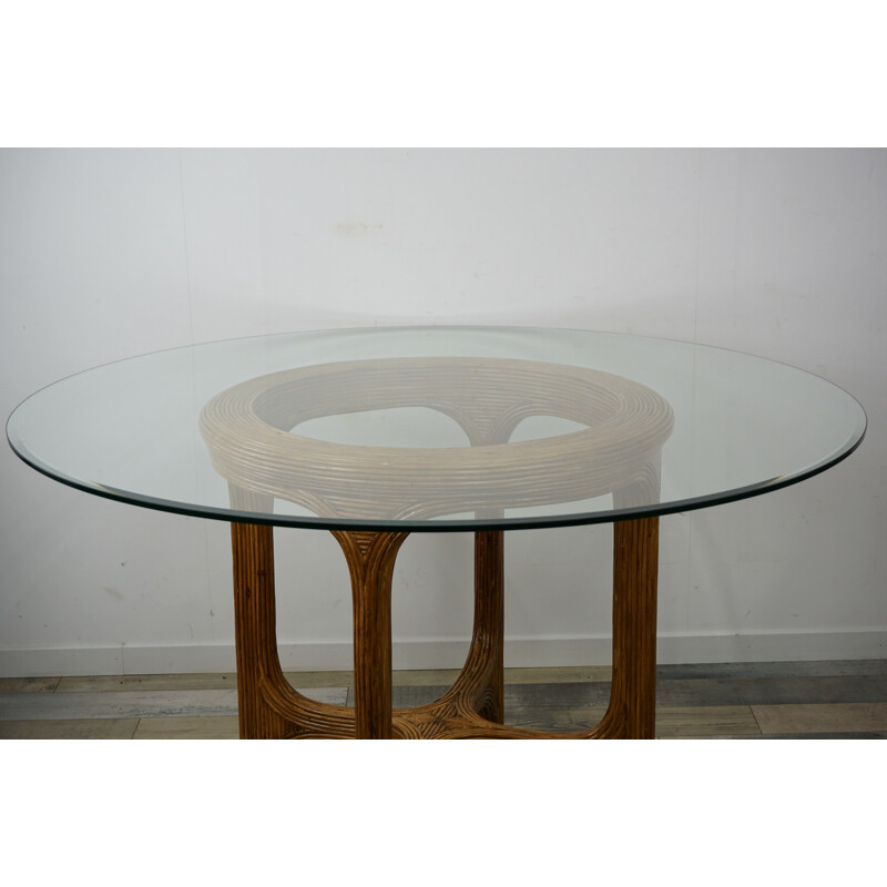 Vintage table round in rattan marquetry beveled, glass top, 1960s